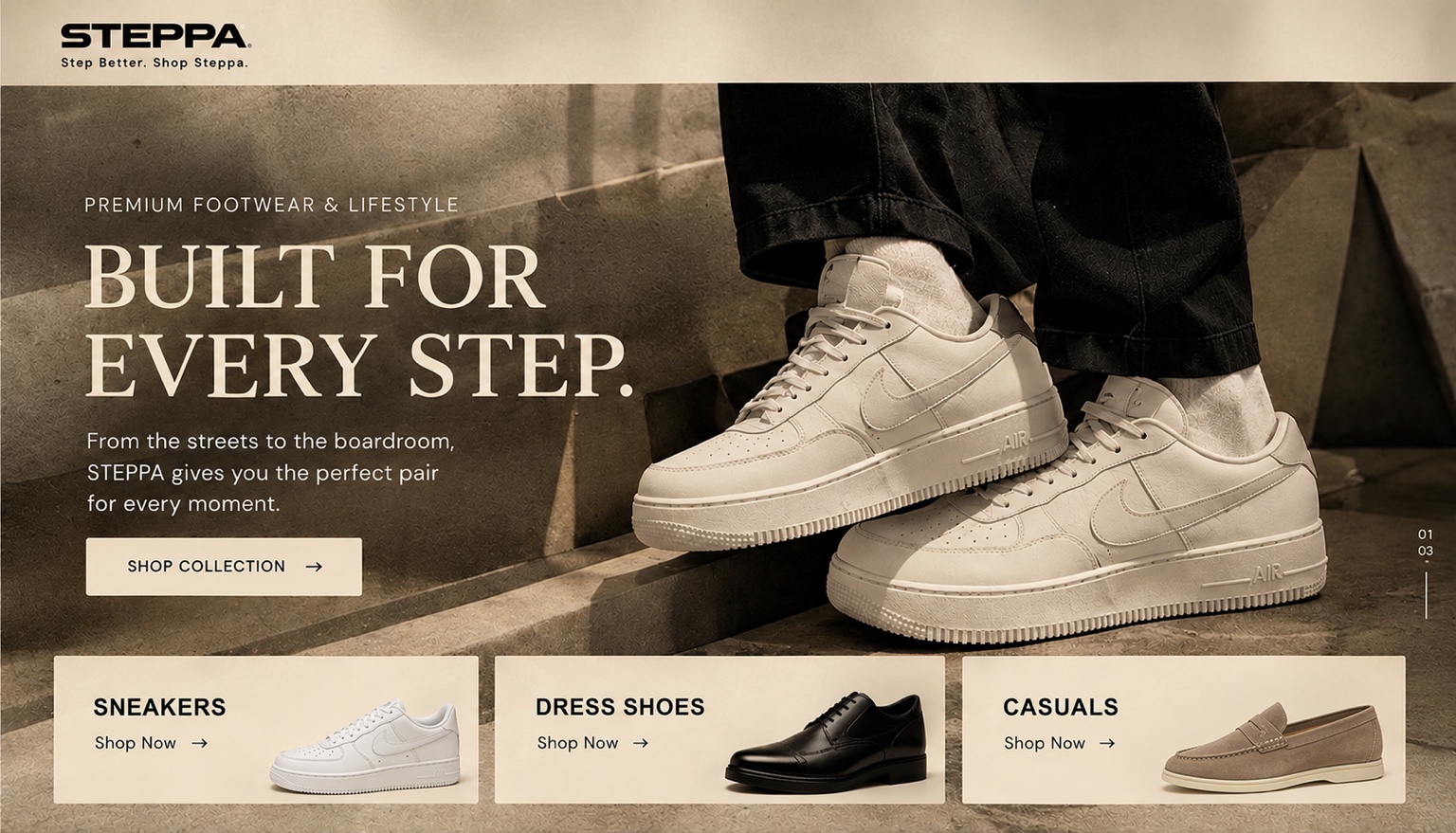 STEPPA premium footwear homepage: Built for every step, with Sneakers, Dress Shoes and Casuals collections